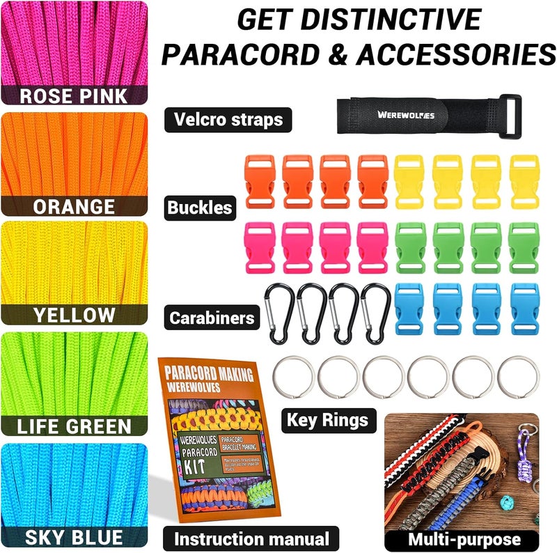 WEREWOLVES 550 Paracord Kits 100ft Each Color - 5 Colors Parachute Cord Combo 7 Strand Type III Parachute Cord 4mm for Crafting, Dog Collar, Survival Bracelets - Image 2